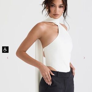 House of CB Farrah Ivory Satin Wrap Neck Bodysuit